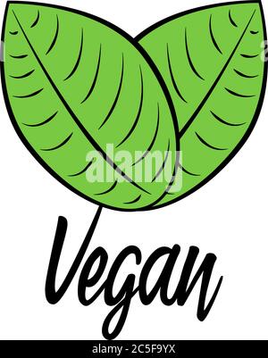 Veganer Text mit zwei grünen Blättern Produktlogo. Ökologie freundlich frische Bio-Lebensmittel-Label Vektor-Illustration. Stock Vektor