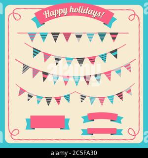 Set aus Ammer und Girlande in Retro-Farben, mit Bannern. Vektorgrafik. Stock Vektor