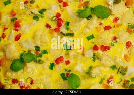 Rührei mit gehacktem buntem Gemüse. Nahaufnahme. Stockfoto