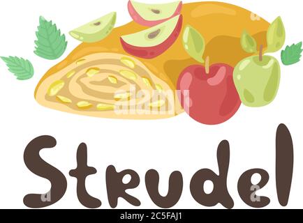 Apfelstrudel. Europäische nationale Teller Sammlung. Cute Cartoon Strudel isoliert auf einem weißen Hintergrund. Flacher Style. Pie-ähnliche Schale mit Teig Stock Vektor