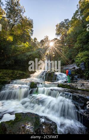 Wanderer im McLean Wasserfall, Sun Star, Catlins, Otago, South Island, Neuseeland Stockfoto