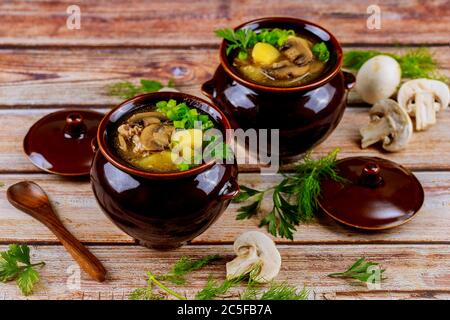 Gekochte weiße Champignons mit Kartoffeln und Fleisch in Eintopf-Töpfen auf Holztisch. Stockfoto