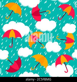 Herbstmuster mit bunten Regenschirmen und Regen. Nahtloser Vektorhintergrund. Stock Vektor