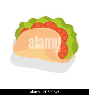 Taco mexikanisches Essen auf weißem Hintergrund. Traditionelles Taco Fast Food. Abbildung. Stock Vektor