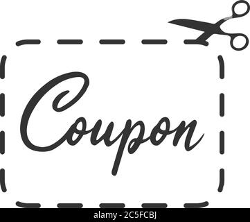 Coupon Text gestrichelte Linie Rahmen mit Schere schneiden Symbol schwarz und weiß Promotion Symbol Vektor Illustration Stock Vektor