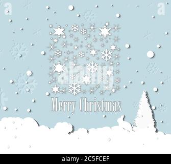 Blauer Weihnachtshintergrund mit Schneeflocken, Schnee, Kaninchen und Weihnachtsbaum. Text Frohe Weihnachten. Elegante Weihnachtskarte. 3D-Illustration. Stockfoto