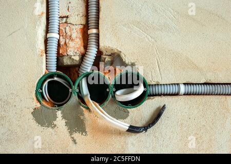 Neue Elektroinstallation, Kunststoffkästen und Stromkabel für zukünftige Steckdosen an der Wand, Sanierungskonzept. Stockfoto