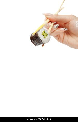 Japanische Küche, Sushi-Brötchen auf weißem Hintergrund isoliert, Nahaufnahme Stockfoto