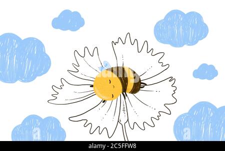 Hand gezeichnet niedlichen Honey Bee schlafen in Umriss Blume mit Wolken. Stockfoto