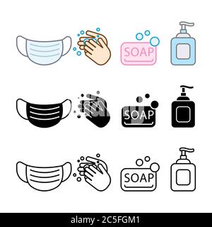 Persönliche Schutzausrüstung Set Icons - medizinische Maske, Händewaschen, Seife, Spender. Coronavirus, covid 19 Präventionsartikel. Umriss, Liniensymbole Stock Vektor
