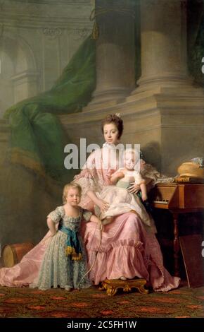 Königin Charlotte, mit George (links) und dem jüngeren Bruder Frederick. Porträt von Allan Ramsay, 1764. George wurde später König George IV. Charlotte von Mecklenburg-Strelitz, Sophia Charlotte 1744 - 1818) Ehefrau von König Georg III. Sie war Königin von Großbritannien und Irland Stockfoto