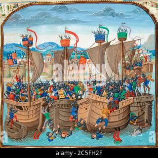 Die Schlacht von Sluys, auch die Schlacht von l'Écluse genannt, Seeschlacht am 24. Juni 1340 zwischen England und Frankreich. Eine farbenfrohe mittelalterliche Darstellung einer Seeschlacht EINE Miniatur der Schlacht aus Jean Froissarts Chroniken, 15. Jahrhundert Teil des Hundertjährigen Krieges Stockfoto