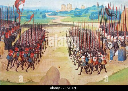 Die Schlacht von Agincourt, einer der englischen Siege im Hundertjährigen Krieg. Es fand am 25. Oktober 1415 in der Nähe von Azincourt in Nordfrankreich statt. Die Schlacht von Agincourt, Miniatur aus dem 15. Jahrhundert von Enguerrand de Monstrelet Stockfoto