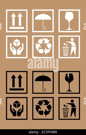 Set aus empfindlichen Verpackungssymbolen, Griff mit Lieferetiketten und Pflegelogistik. Fragile Box, Ladung Warnung Vektor Zeichen. Vektorgrafik. Stock Vektor