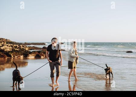 Glückliches Paar mit zwei Labradors, die am Strand entlang laufen In Portugal Stockfoto
