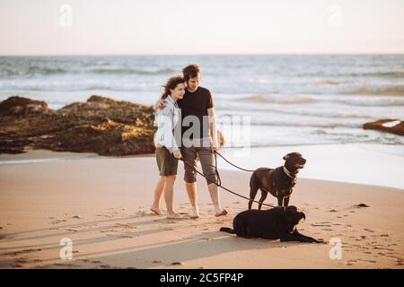 Weitwinkelansicht des tausendjährigen Paares, das mit Hunden auf steht Ufer Stockfoto