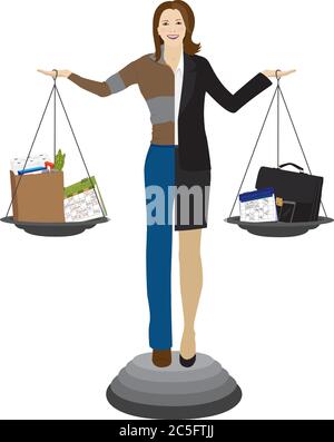 Eine Frau, die sich halb lässig und halb für die Arbeit bekleidet zeigte, stellte sich wie eine Skala der Gerechtigkeit, die Waage hält, die Heim und Kinder gegen Arbeit anzeigt. Stock Vektor