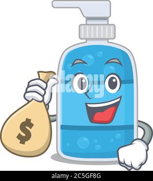Verrückte reiche Hand waschen Gel Maskottchen Design mit Geldbeutel Stock Vektor