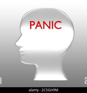 3D-Darstellung der Kopfsilhouette mit dem Text PANIK, isoliert über grauem Verlauf. Stockfoto