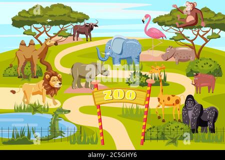 Zoo Eingangstore Cartoon Poster mit Elefantengiraffe Löwe Safari Tiere und Besucher Stock Vektor