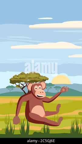 Cute Cartoon Affe auf Hintergrund Landschaft Savanne Afrika Illustration, Vektor, isoliert Stock Vektor