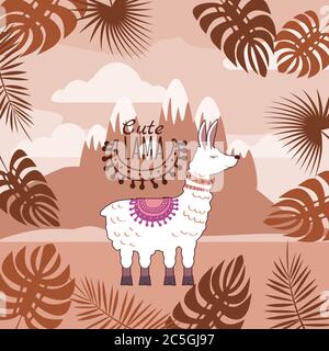 Set von niedlichen Lamas, florale Ornament, Hintergrund, Berglandschaft, isoliert, Vektor, Illustration Stock Vektor