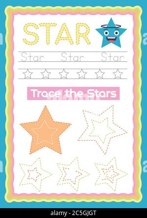 Vorschule bunten Stern Form, Tracing und Schreiben täglich druckbare A4 Praxis Arbeitsblatt - Vektor-Illustration Übung für Kinder Stock Vektor