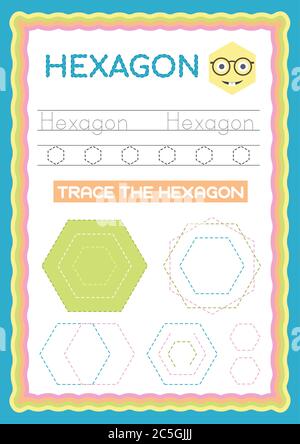 Vorschule Bunte Hexagon Form, Tracing und Schreiben täglich druckbare A4 Praxis Arbeitsblatt - Vektor-Illustration Übung für Kinder Stock Vektor