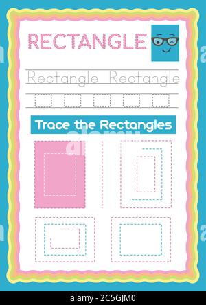 Vorschule Bunte Rechteck Form, Tracing und Schreiben täglich druckbare A4 Praxis Arbeitsblatt - Vektor-Illustration Übung für Kinder Stock Vektor