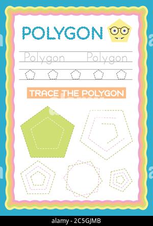 Vorschule Bunte Polygon Form, Tracing und Schreiben täglich druckbare A4 Praxis Arbeitsblatt - Vektor-Illustration Übung für Kinder Stock Vektor