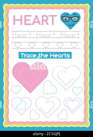 Vorschule Bunte Herz Form, Tracing und Schreiben täglich druckbare A4 Praxis Arbeitsblatt - Vektor-Illustration Übung für Kinder Stock Vektor