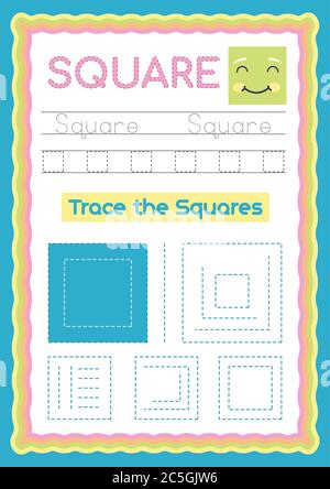 Vorschule Bunte quadratische Form, Tracing und Schreiben täglich druckbare A4 Praxis Arbeitsblatt - Vektor-Illustration Übung für Kinder Stock Vektor
