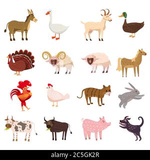 Bauernhof Tiere niedlich Set in Cartoon-Stil isoliert auf weißem Hintergrund. Vektorgrafik. Cute Cartoon Tiere Sammlung Schafe, Ziegen, Kühe, Esel Stock Vektor