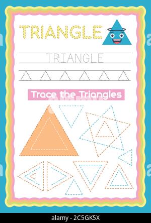 Vorschule Bunte Dreieck Form, Tracing und Schreiben täglich druckbare A4 Praxis Arbeitsblatt - Vektor-Illustration Übung für Kinder Stock Vektor