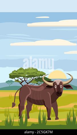 Bufffolo niedlichen Cartoon-Stil im Hintergrund Savanne Afrika, isoliert, Vektor Stock Vektor