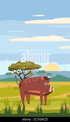 Wildschwein niedlich Cartoon-Stil im Hintergrund Savanne Afrika, isoliert, Vektor Stock Vektor