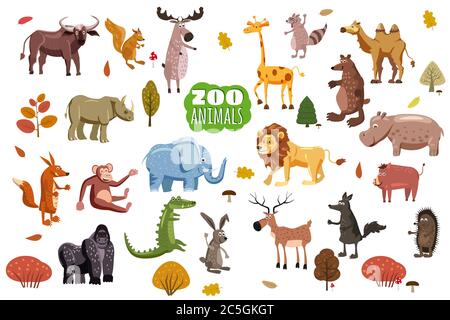 Große Reihe von wilden Tieren Cartoon-Vektoren. Afrikanische, australische, asiatische, Süd- und nordamerikanische Tierfresser und Pflanzenfresser. Cartoon-Stil Stock Vektor