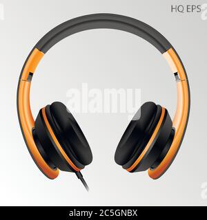 Kopfhörer mit oder ohne Kabel, Kopfhörer. 3d realistische Vektordarstellung. Schwarz-gelbe Kopfhörer Musik Zubehör für dj isoliert auf Backg Stock Vektor
