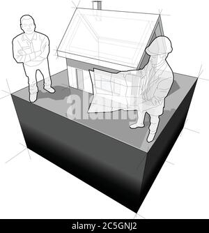 Diagramm eines einfachen Einfamilienhauses und Architekt und glücklich lächelnden Mann vor ihm stehen Stock Vektor