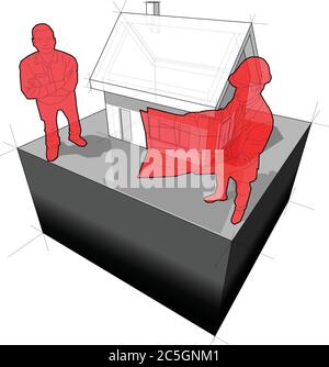 Diagramm eines einfachen Einfamilienhauses und Architekt und glücklich lächelnden Mann vor ihm stehen Stock Vektor