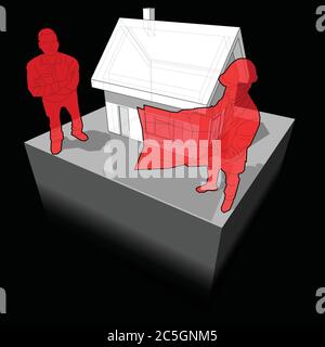 Diagramm eines einfachen Einfamilienhauses und Architekt und glücklich lächelnden Mann vor ihm stehen Stock Vektor