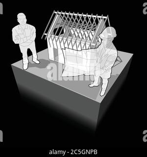 Diagramm eines einfachen Einfamilienhauses im Bau und Architekt und glücklich lächelnden Mann vor ihm stehen Stock Vektor