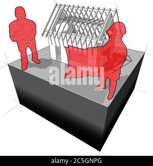 Diagramm eines einfachen Einfamilienhauses im Bau und Architekt und glücklich lächelnden Mann vor ihm stehen Stock Vektor