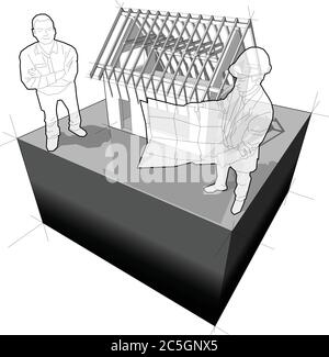 Diagramm eines einfachen Einfamilienhauses im Bau und Architekt und glücklich lächelnden Mann vor ihm stehen Stock Vektor