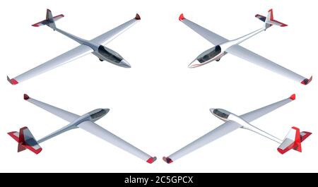 3d-Rendering eines zweisitzigen Segelflugzeugs aus mehreren Perspektiven. Stockfoto