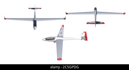 3d-Rendering eines zweisitzigen Segelflugzeugs aus mehreren Perspektiven. Stockfoto