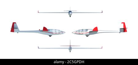 3d-Rendering eines zweisitzigen Segelflugzeugs aus mehreren Perspektiven. Stockfoto