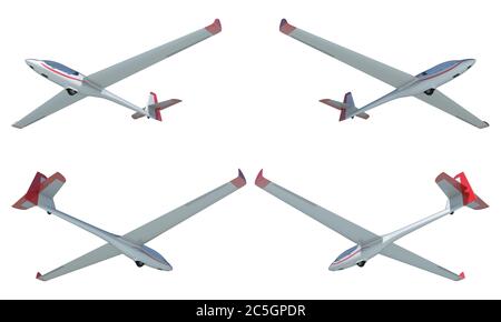 3d-Rendering eines zweisitzigen Segelflugzeugs aus mehreren Perspektiven. Stockfoto