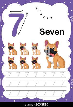 Bunte Zahl sieben tägliche Verfolgung druckbare A4 Praxis Arbeitsblatt mit niedlichen Cartoon Tiere für Kinder lernen zu zählen und zu schreiben - Vector Illustr Stock Vektor