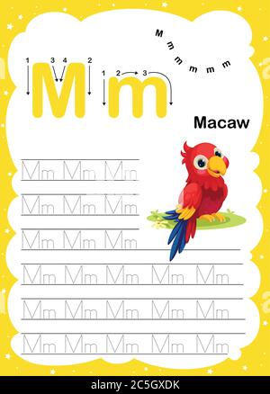 Bunte Buchstaben m Groß-und Kleinbuchstaben Alphabet A-Z, Tracing und Schreiben täglich druckbare A4 Praxis Arbeitsblatt mit niedlichen Cartoon Tiere - Vektor i Stock Vektor